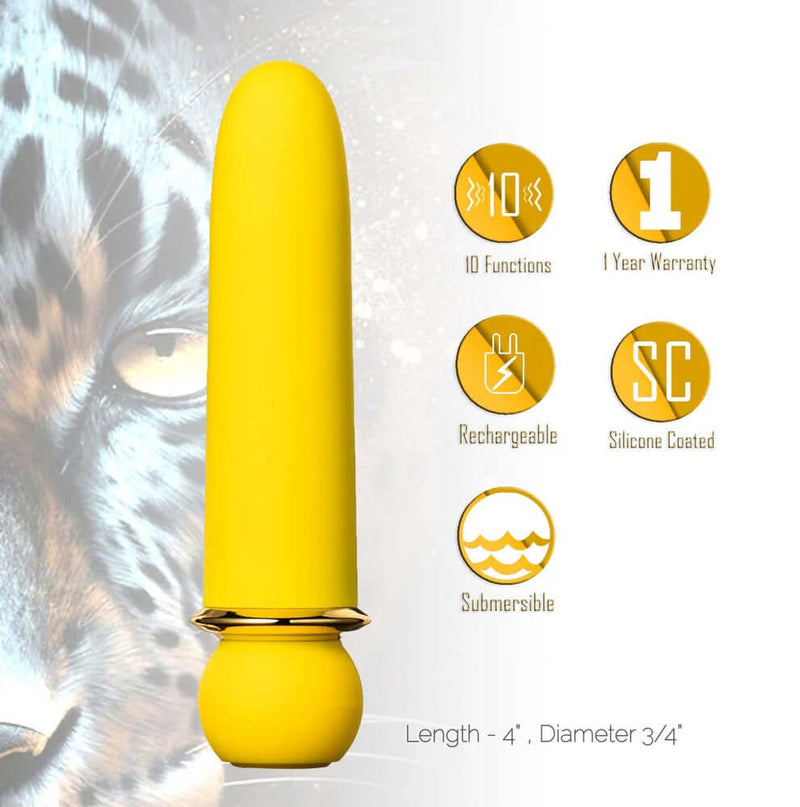 JAGUAR Vibrator by MAIA Toys in yellow, featuring 10 vibration functions, rechargeable, submersible, made from silicone, 4 inches long, 3/4-inch diameter.