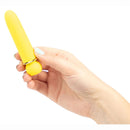 Hand holding a yellow JAGUAR Vibrator by MAIA Toys, featuring a sleek design with 10 vibration levels, waterproof and rechargeable.