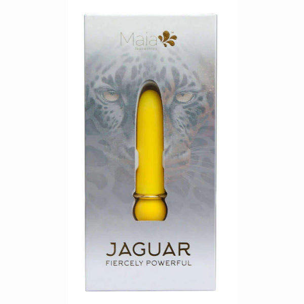 JAGUAR Vibrator by MAIA Toys in yellow packaging with jaguar design, offering 10 vibration levels, waterproof and rechargeable