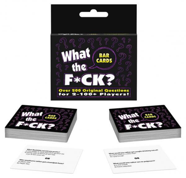 What The F*ck Bar Cards from Kheper Games, featuring over 200 raunchy questions for adult party fun.
