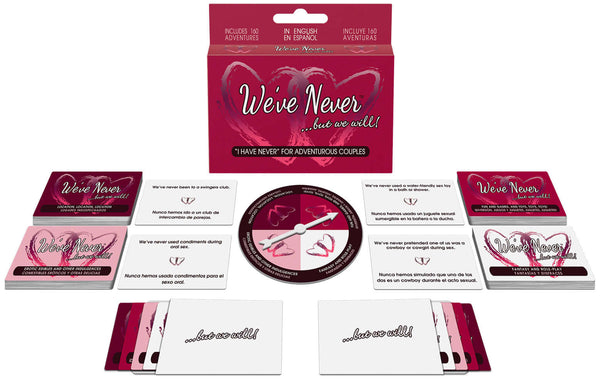 We've Never...but We Will! couples card game with 160 adventure cards, spinner, and bilingual options.