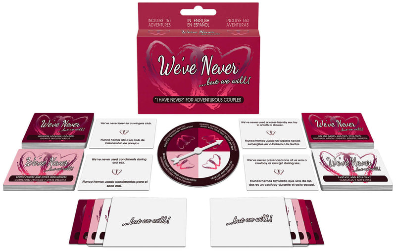 We've Never...but We Will! couples card game with 160 adventure cards, spinner, and bilingual options.