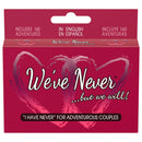 We've Never...But We Will card game packaging for adventurous couples, featuring 160 activities in English and Spanish.