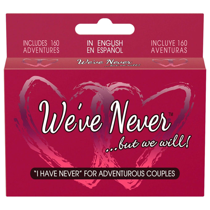 We've Never...But We Will card game packaging for adventurous couples, featuring 160 activities in English and Spanish.