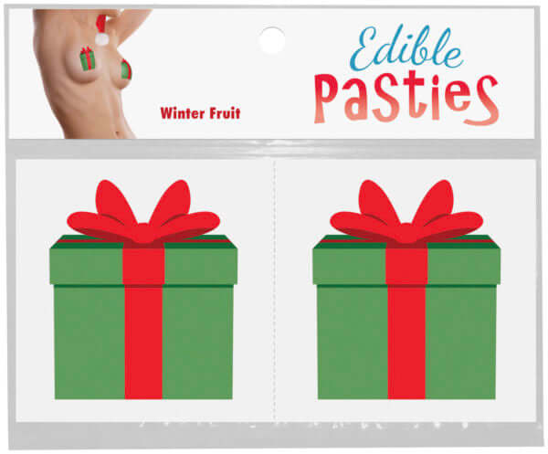 Gift Box Edible Pasties package featuring playful gift box designs with red ribbons for festive fun.