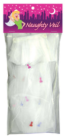 Naughty Veil packaged party accessory for bachelorette celebrations featuring playful designs and mesh fabric.