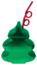 Christmas Tree Cup Holds 24 Ounces in metallic green with a red straw for holiday beverages.