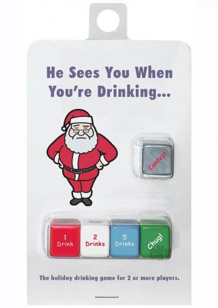 He Sees You Drinking Game packaging featuring Santa and colorful dice for holiday fun.