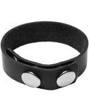 KinkLab Leather 3 Snap Cock Ring in black latigo leather with three-snap closure for adjustable fit.