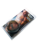 KinkLab Leather 3 Snap Cock Ring in packaging with a model showing the product.