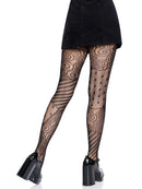 Leg Avenue Doll Net Tights One Size Black displayed with a black mini skirt and high-heeled shoes, showcasing intricate patterns.