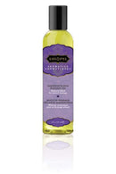 Kama Sutra Aromatic Massage Oil Harmony Blend 8 Oz in a bottle with a purple label for relaxation and skin nourishment.