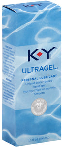 K-Y Ultra Gel 1.5 Oz Water Based Personal Lubricant packaging with water-inspired design and usage instructions.
