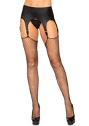 Leg Avenue Rhinestone Fishnet Stockings One Size Black bringing sparkle and style to any outfit, modeled with a garter.