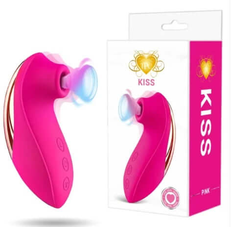 Kiss Mini Vibe in Pink with powerful suction and pulsation for intense pleasure and satisfaction. Packaging shown.