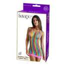 Rainbow Mini Fishnet Dress Lingerie packaging featuring vibrant colors and a model showcasing the design.