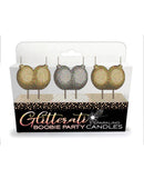 Little Genie Glitterati Boobie Candle Set featuring sparkling gold and silver candles for festive celebrations.