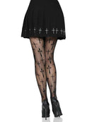 Leg Avenue Worship Me Cross Net Tights 1X/2X Black featuring a bold cross design and classic fishnet style.