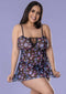 Woman wearing Hazy Dayz Dress & G-String Set Mushroom 2XL, black light mesh with colorful mushroom design, seductive intimate wear.