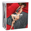 Liberator Fascinator Throw Grey packaging showing soft microfiber design and waterproof features for intimate moments.