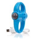 Screaming O Charged Yoga Rechargeable Vibe Ring Blue with USB charging cable, designed for flexible and rumbling vibrations.