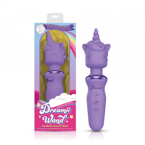 Viben Dreamii Wand Powerful Unicorn Lillac Wand with packaging, featuring a whimsical unicorn design and control buttons.