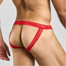 Male Basics MOB Lace Jockstrap Red L/XL showcasing a seductive lace design from the back view, highlighting comfort and style.