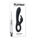 Playboy Late Night Bunny dual vibrator in black packaging, featuring stylish chrome ring handle.