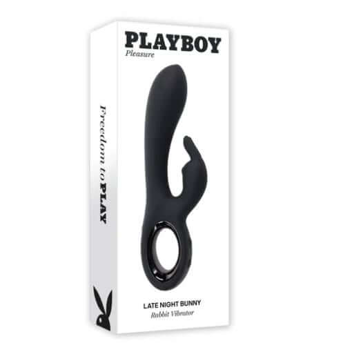 Playboy Late Night Bunny dual vibrator in black packaging, featuring stylish chrome ring handle.
