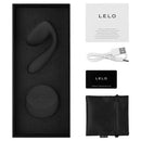 Lelo Ida Remote Control Couples Vibrator Black in its packaging with accessories including charger and manual.