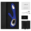 Lelo Soraya Wave Rabbit Vibrator Midnight Blue in luxury packaging with accessories and warranty card.
