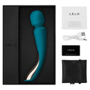 Lelo Smart Wand 2 Medium Massager Ocean Blue in box with accessories including warranty card and charging cable.