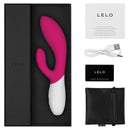 Lelo Ina Wave 2 Rabbit Vibrator Cerise in elegant packaging with accessories and warranty card.