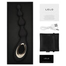 Lelo Soraya Vibrating Anal Beads Black in elegant packaging with accessories including manual and charging cable.