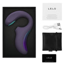 Lelo Enigma Double Sonic A-Spot Vibrator Cyber Purple in elegant packaging with accessories including USB cable and warranty card.