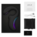 Lelo Enigma Double Sonic A-Spot Vibrator Black in its packaging with accessories and warranty card.