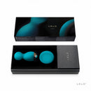 Lelo Hula Beads Rotating Remote Vibrator Ocean Blue in elegant packaging with remote and beads displayed.