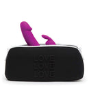 Happy Rabbit Love Medium Black Silicone Storage Bag with a purple vibrator inside for discreet storage.