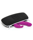 Happy Rabbit Love Medium Black Silicone Storage Bag with a purple vibrator inside, showcasing discreet and hygienic storage.
