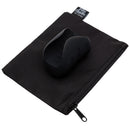 Fifty Shades Of Grey Sensation Vibrating Pleasure Stroker resting on a black pouch, emphasizing its sleek design.