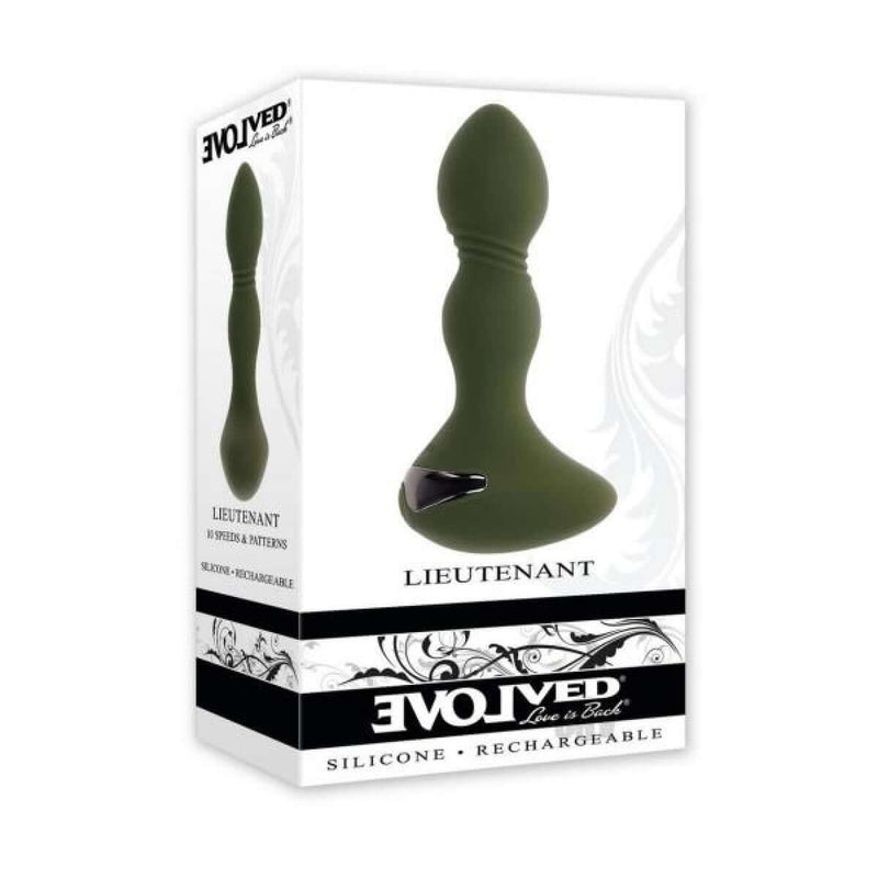 Evolved Lieutenant Vibrating Plug in packaging - 10 speeds & patterns, USB rechargeable, egg-shaped base, textured flexible shaft