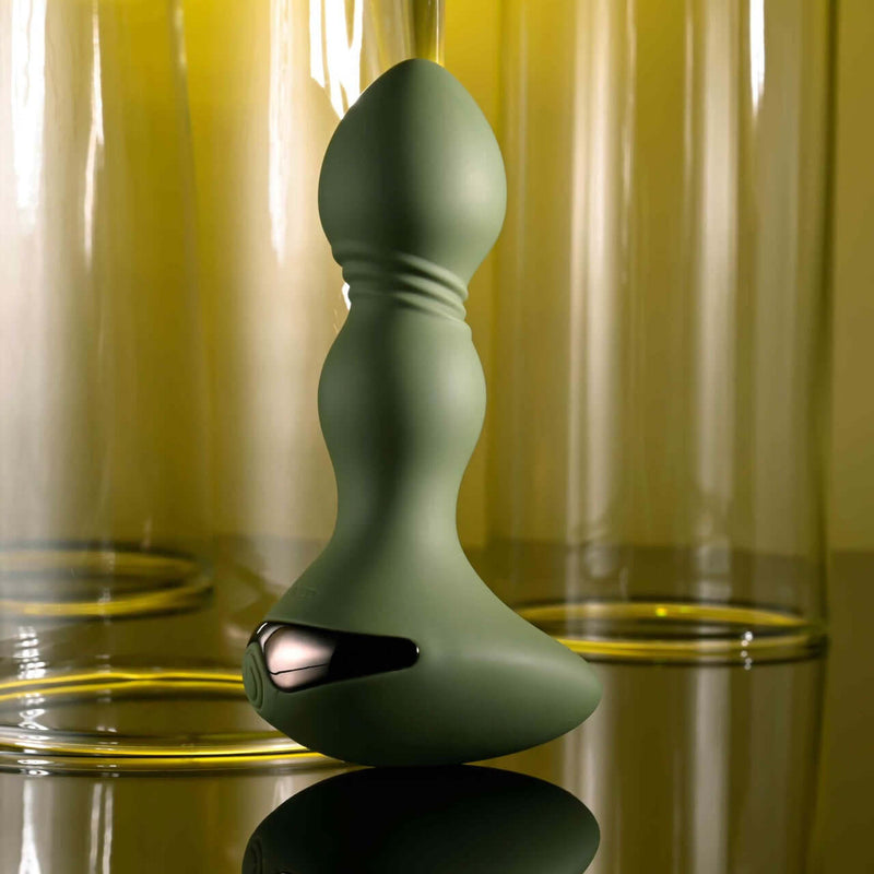 Evolved Lieutenant Vibrating Plug with 10 speeds and patterns, USB rechargeable, featuring egg-shaped base and textured flexible shaft