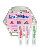 Sweeten'd Blow Oral Gel Fishbowl 66 Pillow Packs 3 Flavors in a clear display with strawberry, bubblegum, and watermelon options.