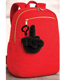 Fucks To Give Twirly Bird Plush Keychain Black displayed on a red backpack, showcasing its cheeky design.