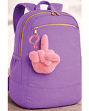 Fucks To Give Twirly Bird Plush Keychain Pink attached to a purple backpack for a playful touch.