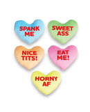X-Rated Valentines Pillow Multi Colors with cheeky messages on mini heart pillows.