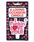 Candy Prints A Loving Occasion Candle I Fuckin Love You packaging with hearts design and bold lettering.