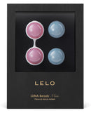 LELO Luna Beads Mini Kegel Exercise Balls in elegant packaging, featuring pink and blue beads for pelvic floor training.
