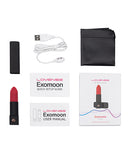 Lovense Exomoon Lipstick Vibe Red product kit including lipstick vibe, manuals, USB cable, and pouch.