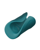 Lovense Gush 2 Motion Handsfree Masturbator Teal in a dynamic curved design showcasing its unique texture.